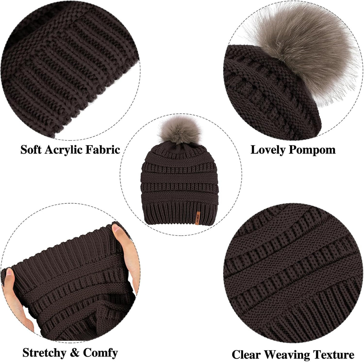 Womens Winter Warm Sets Knitted Fur Pompoms Beanie Hat Circle Loop Scarf Touch Screen Gloves Winter Favor Accessories