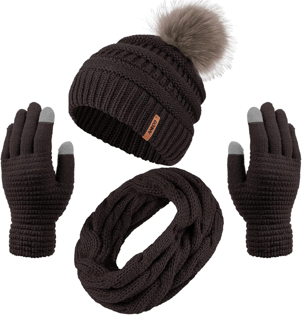 Womens Winter Warm Sets Knitted Fur Pompoms Beanie Hat Circle Loop Scarf Touch Screen Gloves Winter Favor Accessories