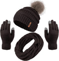 Womens Winter Warm Sets Knitted Fur Pompoms Beanie Hat Circle Loop Scarf Touch Screen Gloves Winter Favor Accessories