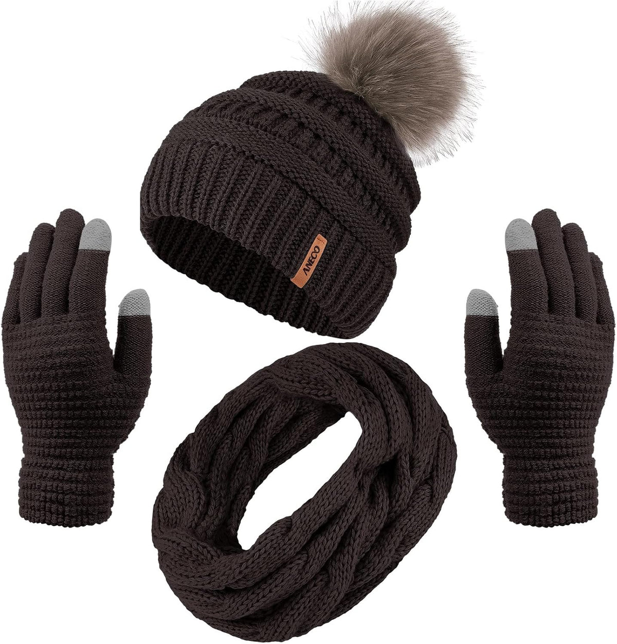 Womens Winter Warm Sets Knitted Fur Pompoms Beanie Hat Circle Loop Scarf Touch Screen Gloves Winter Favor Accessories
