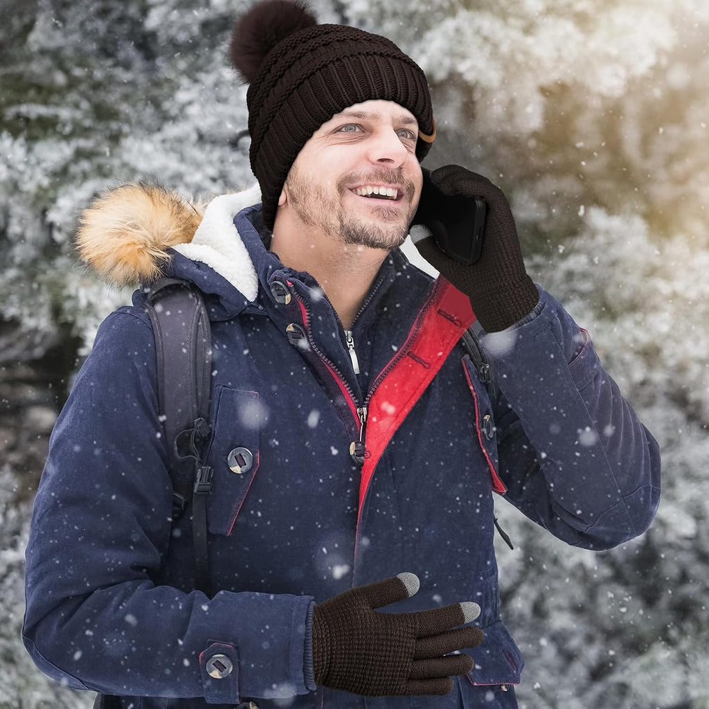 Womens Winter Warm Sets Knitted Fur Pompoms Beanie Hat Circle Loop Scarf Touch Screen Gloves Winter Favor Accessories