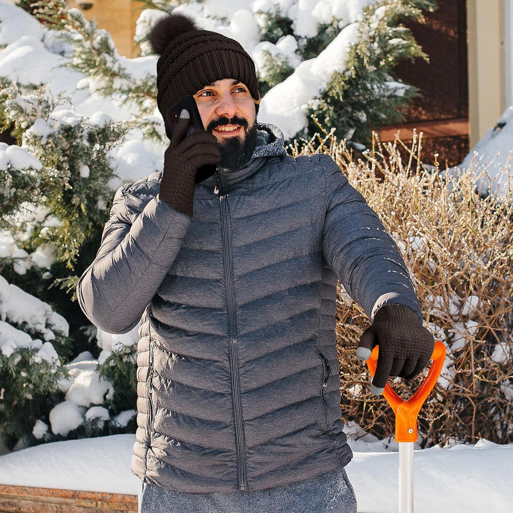 Womens Winter Warm Sets Knitted Fur Pompoms Beanie Hat Circle Loop Scarf Touch Screen Gloves Winter Favor Accessories
