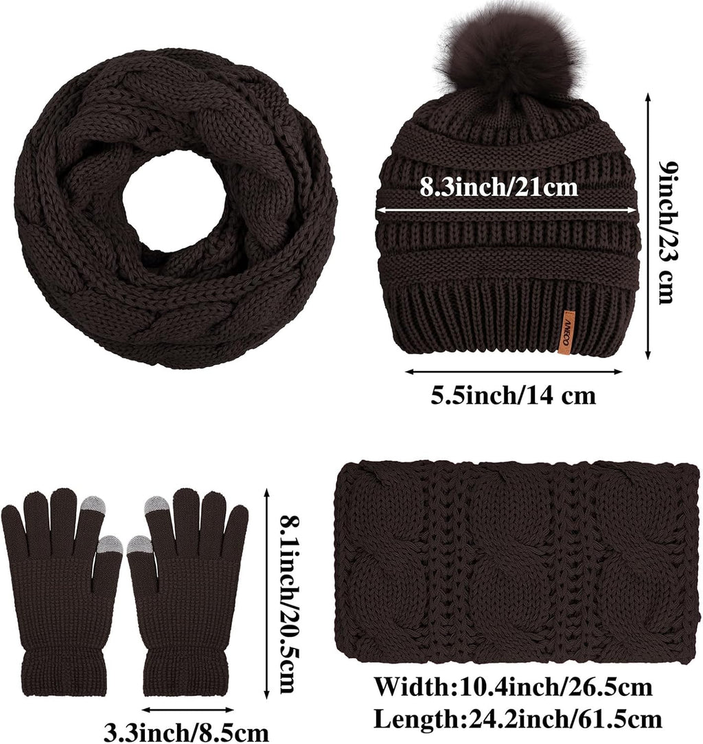 Womens Winter Warm Sets Knitted Fur Pompoms Beanie Hat Circle Loop Scarf Touch Screen Gloves Winter Favor Accessories