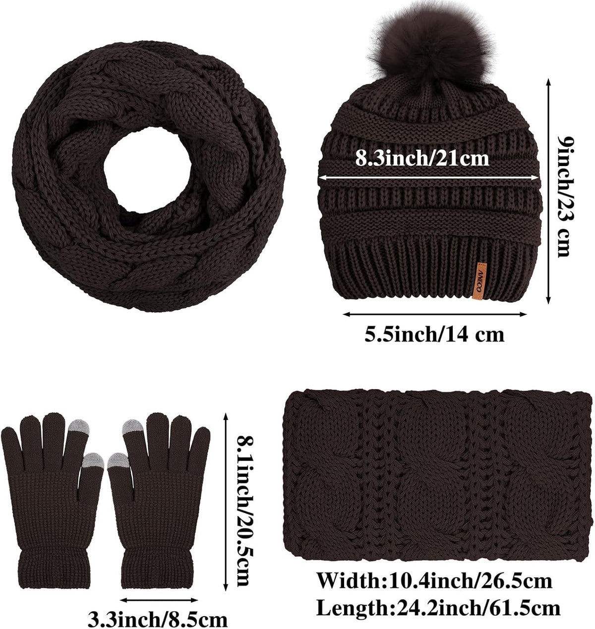 Womens Winter Warm Sets Knitted Fur Pompoms Beanie Hat Circle Loop Scarf Touch Screen Gloves Winter Favor Accessories